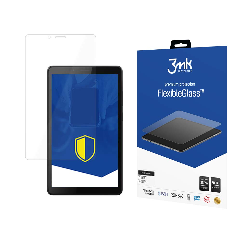 Un tablet con protezione schermo, una scatola con il nome FlexibleGlass e un logo del marchio sono in mostra.
