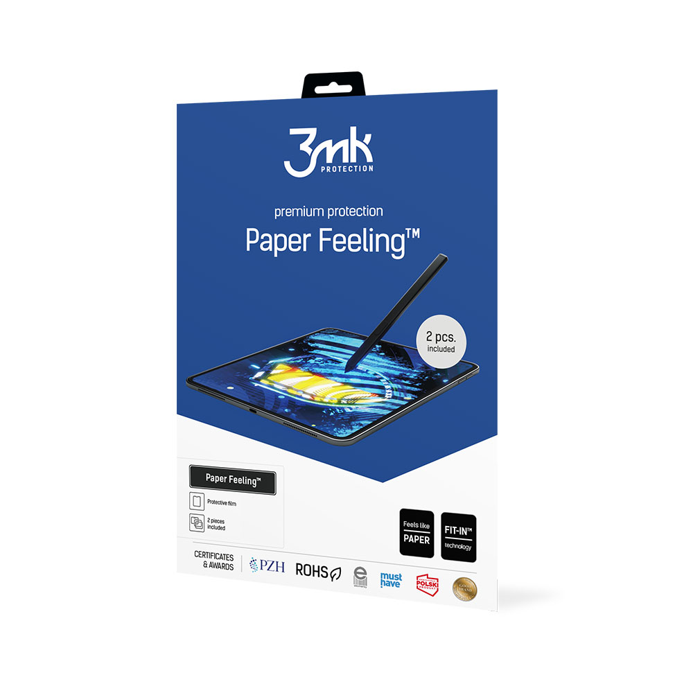 Una caja de producto con una ilustración de tableta y lápiz. La caja es azul con texto blanco y logotipos que indican protector de pantalla.