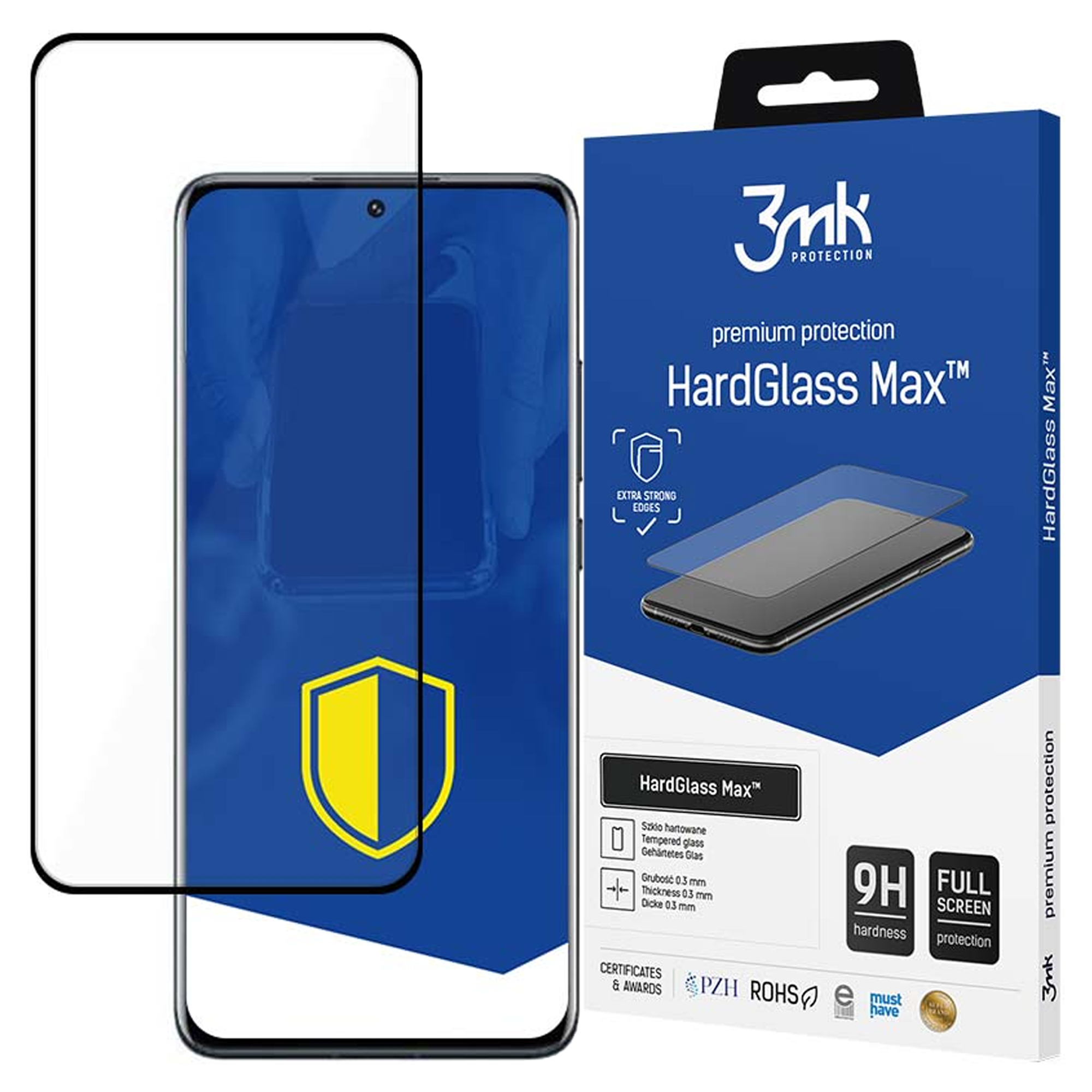 Ochraniacz ekranu i pudełko. Pudełko jest niebieskie, ochraniacz przezroczysty, a ekran telefonu niebieski.