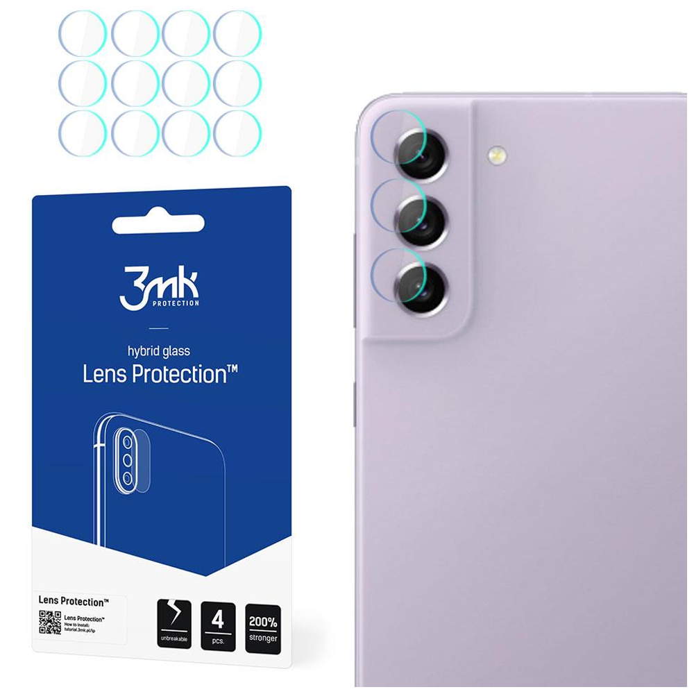 L'immagine mostra un telefono e protezioni per lenti. Il telefono è lavanda con tre obiettivi. Un pacco blu con protezioni per lenti è a sinistra.