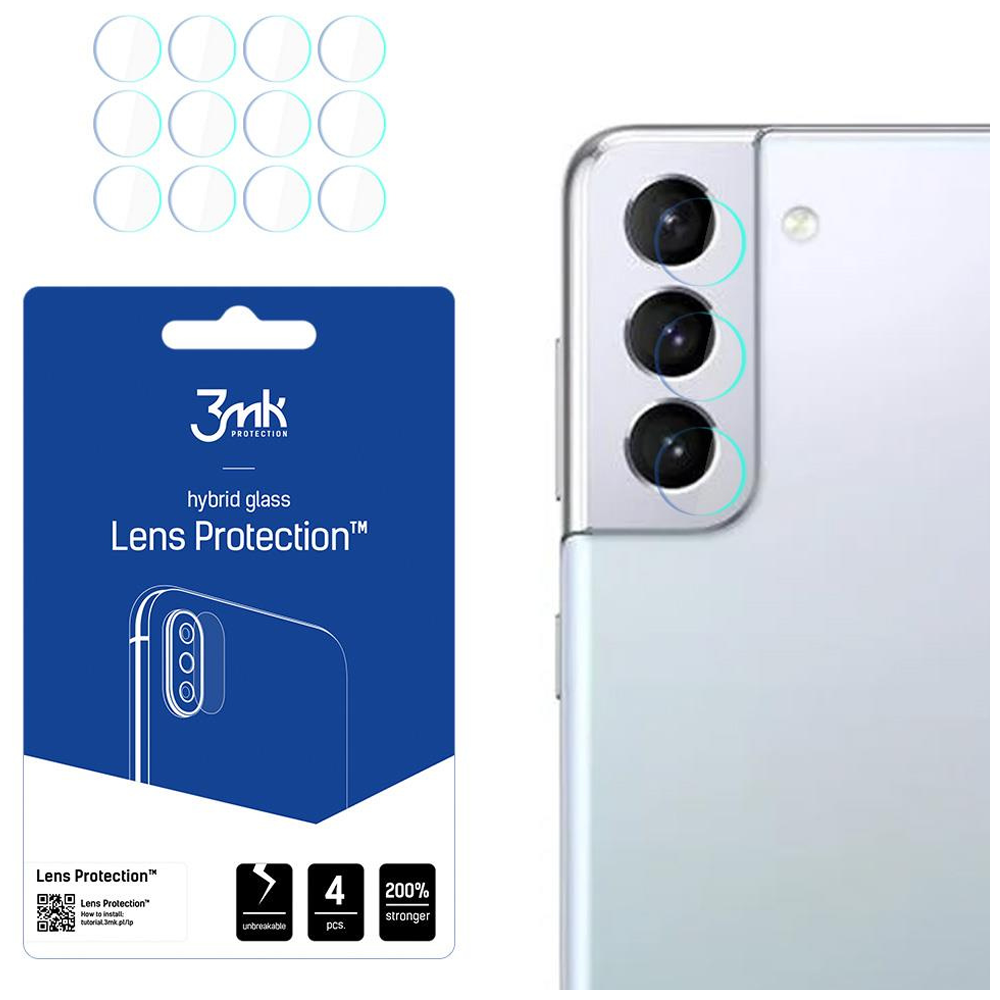 Zestaw ochrony obiektywu z szklanymi okręgami. Telefon z 3 aparatami po prawej, opakowanie po lewej.