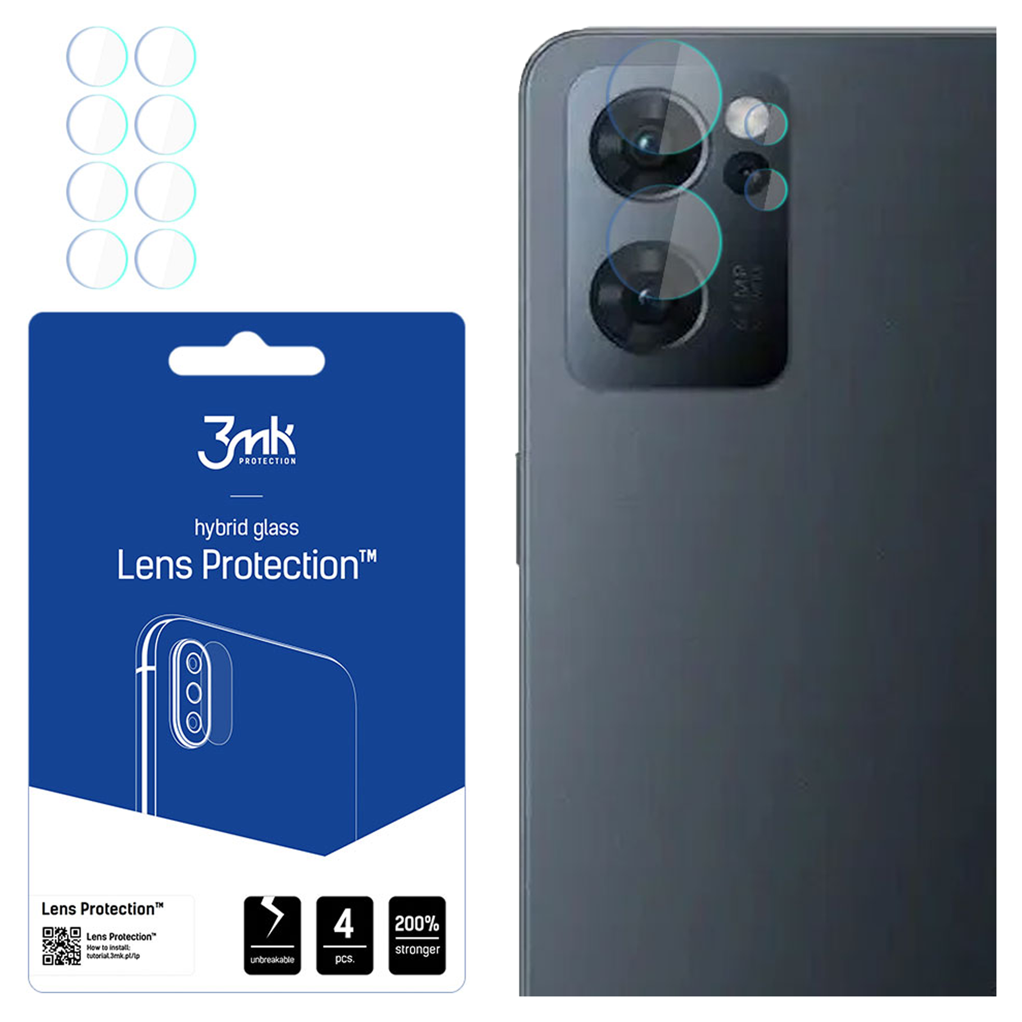 A képen egy telefon látható lencsevédőkkel, egy kék csomag védőkkel, és maguk a védők. A telefon kamerája látható.