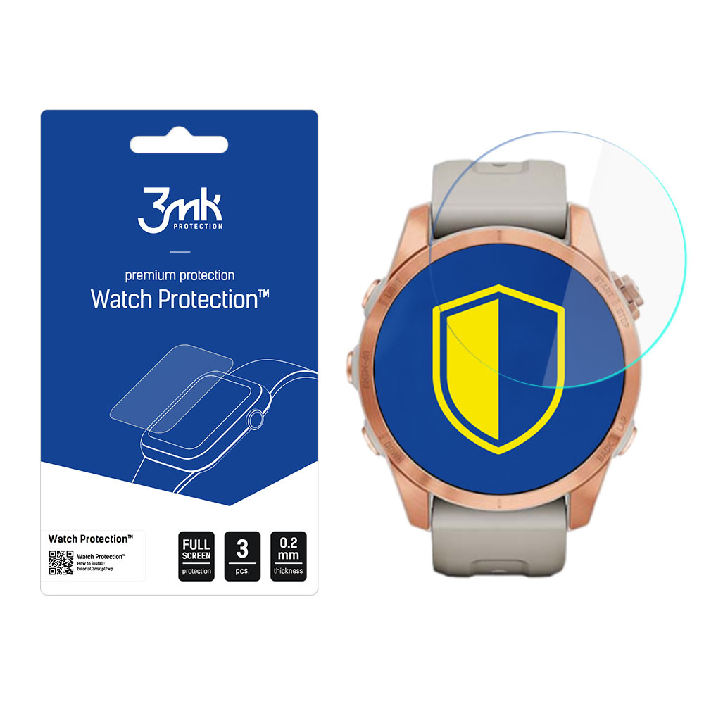 L'immagine mostra uno smartwatch con una protezione schermo e una confezione. La protezione è applicata all'orologio, la confezione è a sinistra.