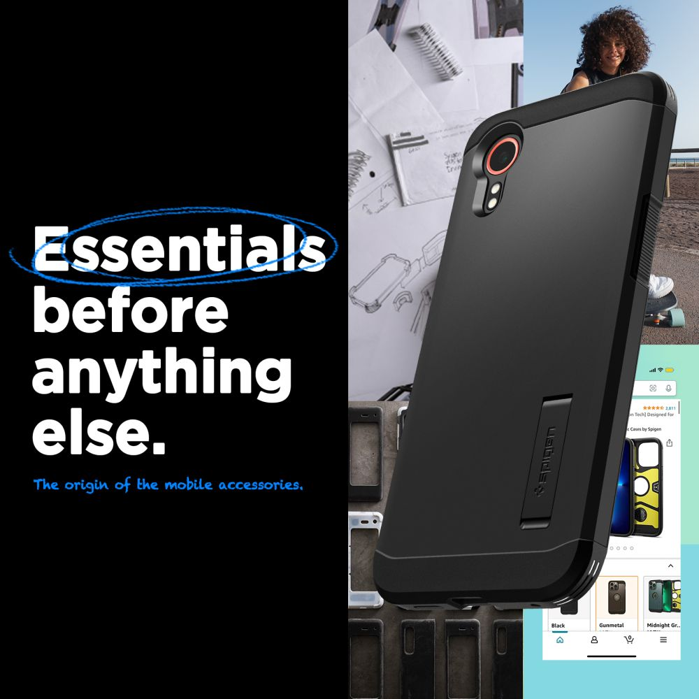 Image avec étui de téléphone, femme en skateboard et texte 'Essentials before anything else'.