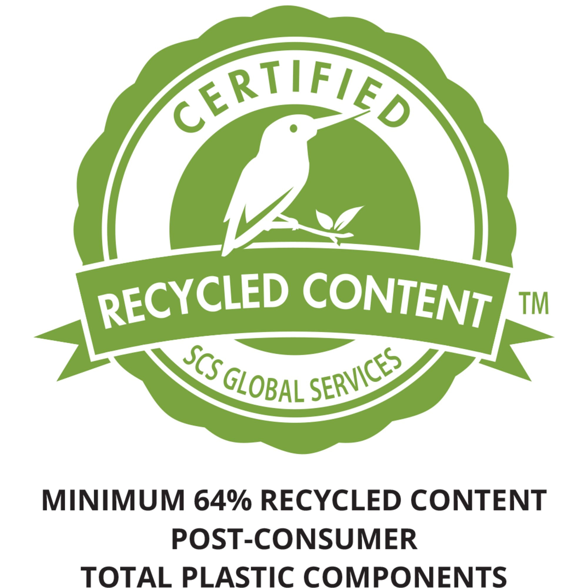 Zielony emblemat z ptakiem, tekst 'Certified Recycled Content' i 'SCS Global Services'. Również 'Minimum 64% Recycled Content'.