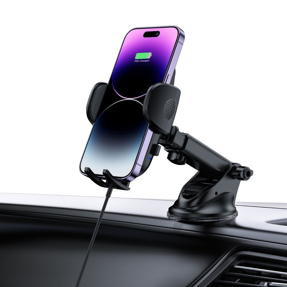 Ein Telefon, das in einer Autohalterung aufgeladen wird. Das Telefon hat einen lila Bildschirm mit 75 % geladen. Die Halterung ist schwarz und am Armaturenbrett befestigt.
