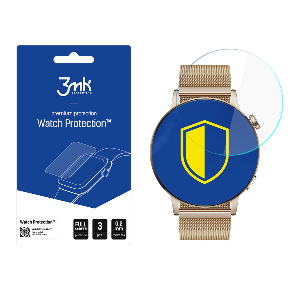 Uno smartwatch con protezione schermo e una confezione di protezioni schermo. Lo smartwatch ha cinturino dorato e icona scudo.