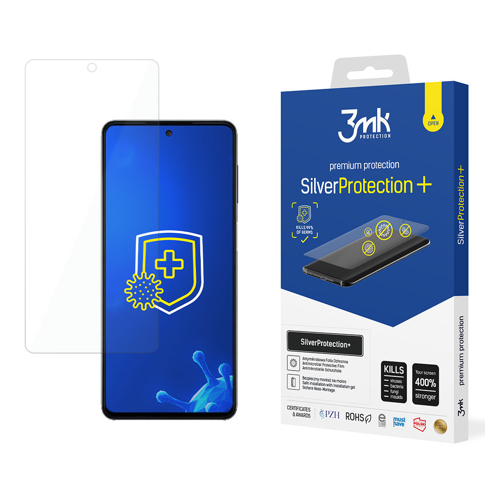 Un telefono con protezione schermo e scatola. La scatola dice 'SilverProtection+' e 'UCCIDE il 99% dei germi'.