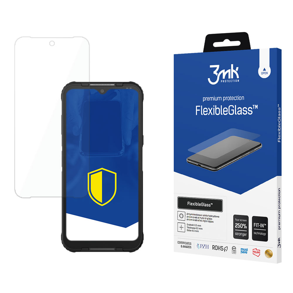 Un telefono con protezione schermo, scatola di FlexibleGlass, marchio 3mk. Caratteristiche: vetro antimicrobico, 250% più resistente, tecnologia Fit-In.