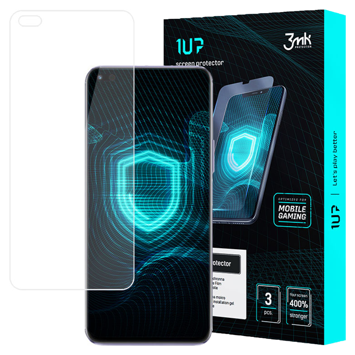 Un proteggi schermo per telefono con un telefono e una scatola. La scatola pubblicizza la protezione per il mobile gaming.