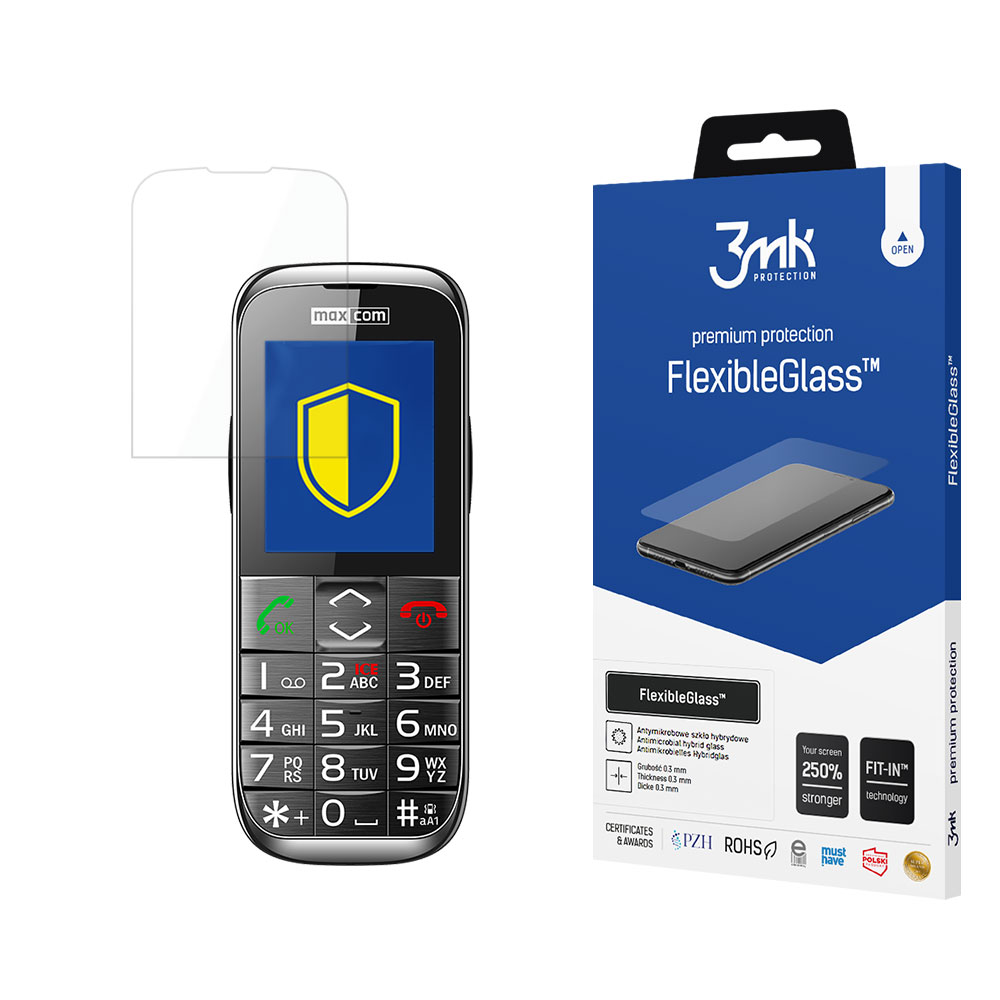 Un telefono e una protezione per lo schermo sono visualizzati. Il telefono è nero con uno scudo blu e giallo sullo schermo.