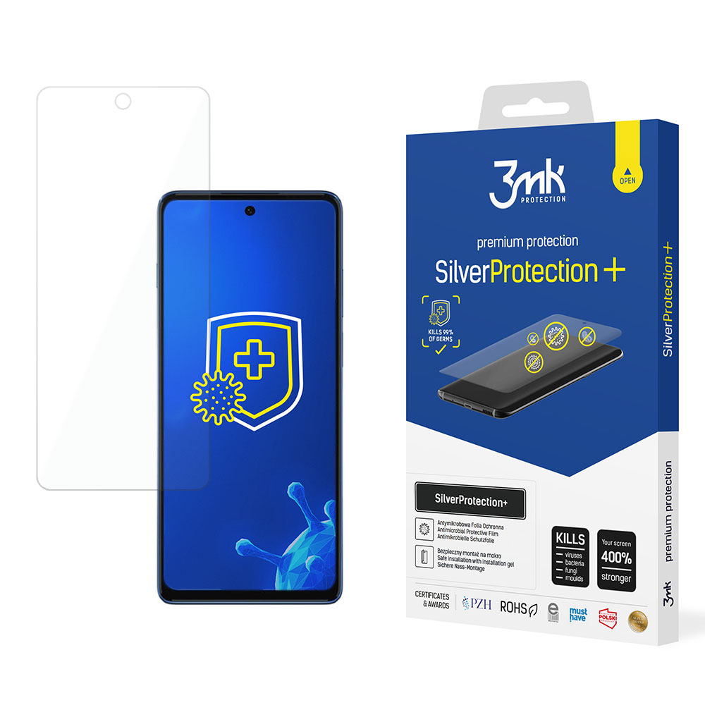 Un proteggi schermo e un telefono con una scatola. La scatola pubblicizza la funzione SilverProtection+.