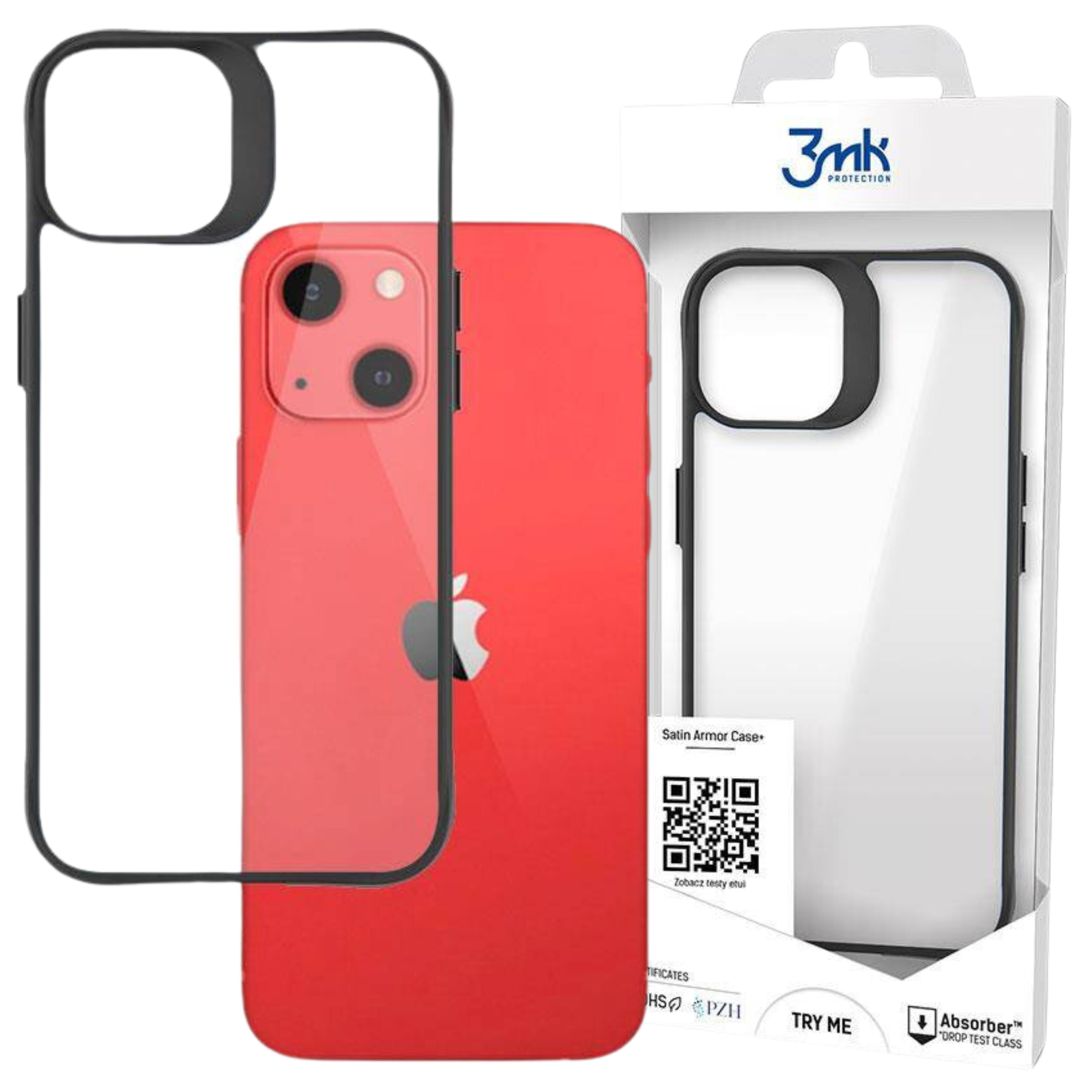 Czerwony iPhone z przezroczystym etui po lewej, obok zapakowanego etui na telefon z logo 3mk Protection.