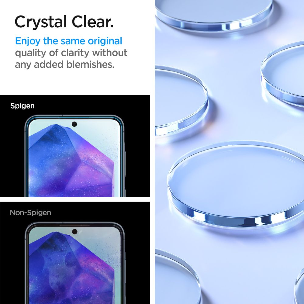 L'immagine mostra lo schermo di un telefono con una protezione schermo cristallina, con il testo 'Crystal Clear' e altri dettagli.