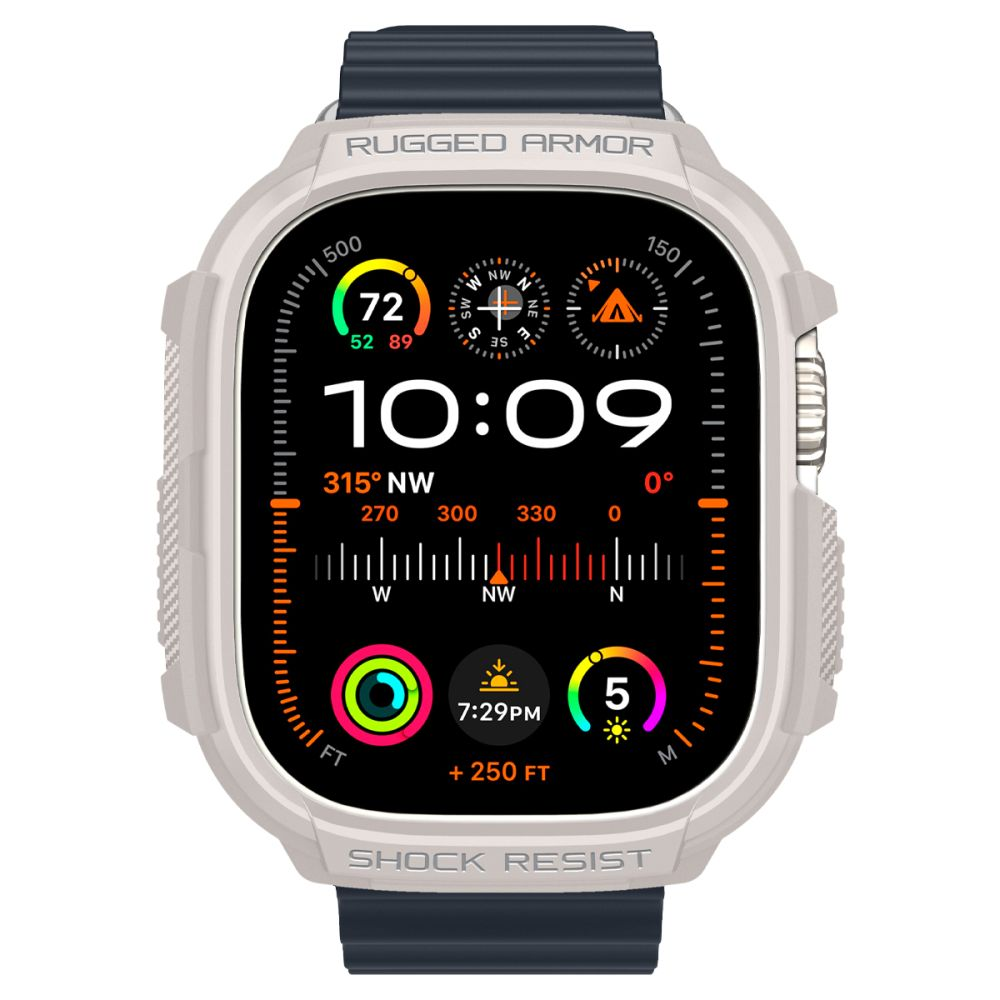 Wytrzymały smartwatch z szarą obudową i granatowym paskiem pokazuje godzinę 10:09. Ekran wyświetla dane zdrowotne i kompas.