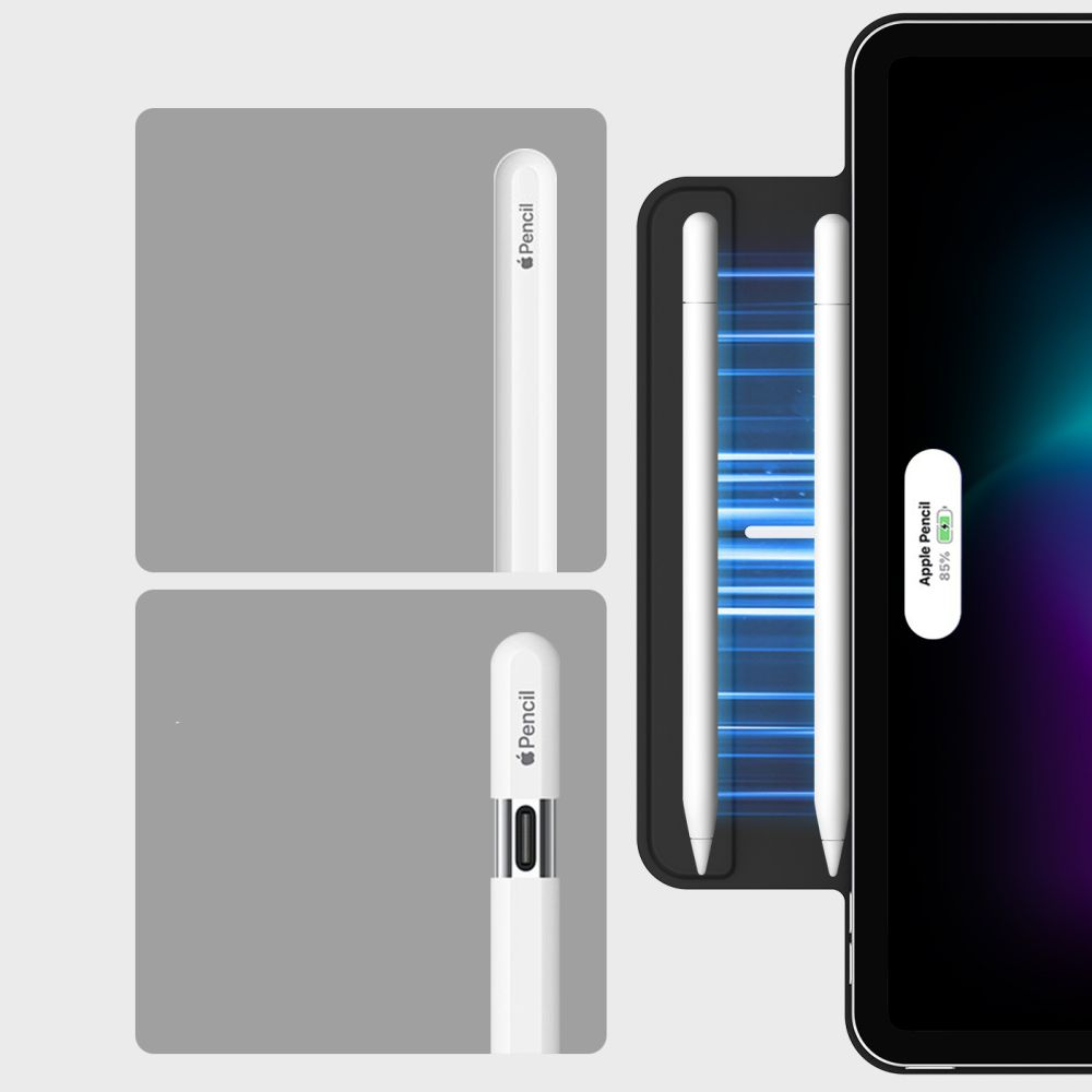 Das Bild zeigt einen Apple Pencil und ein iPad. Der Stift ist weiß. Das iPad zeigt den Batteriestand des Apple Pencil mit 85% an.