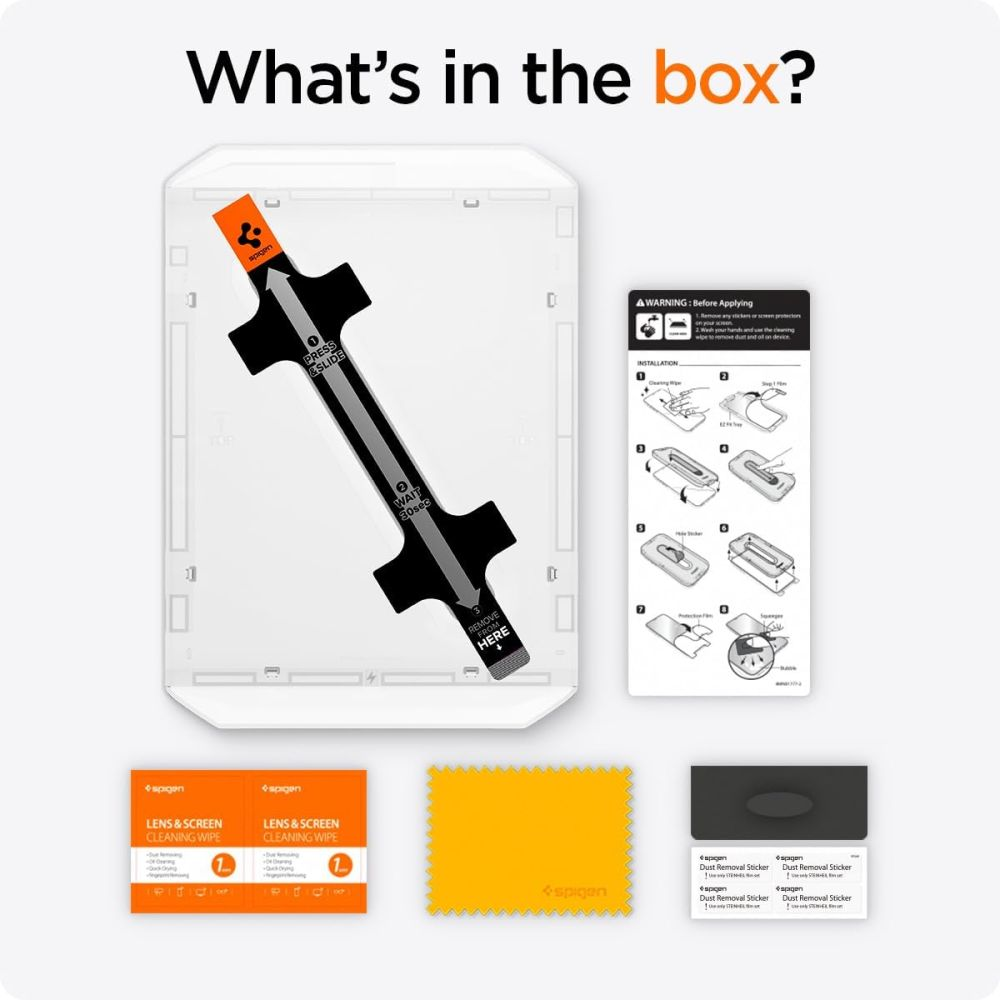 Pudełko zawiera osłonę ekranu, chusteczki czyszczące, ściereczkę, naklejki do usuwania kurzu i instrukcję instalacji.