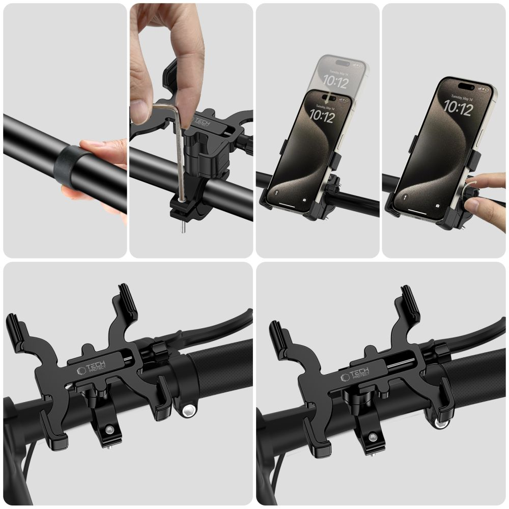 Telefoonhouder installatie op fietsstuur, met montage en telefoon met tijd.