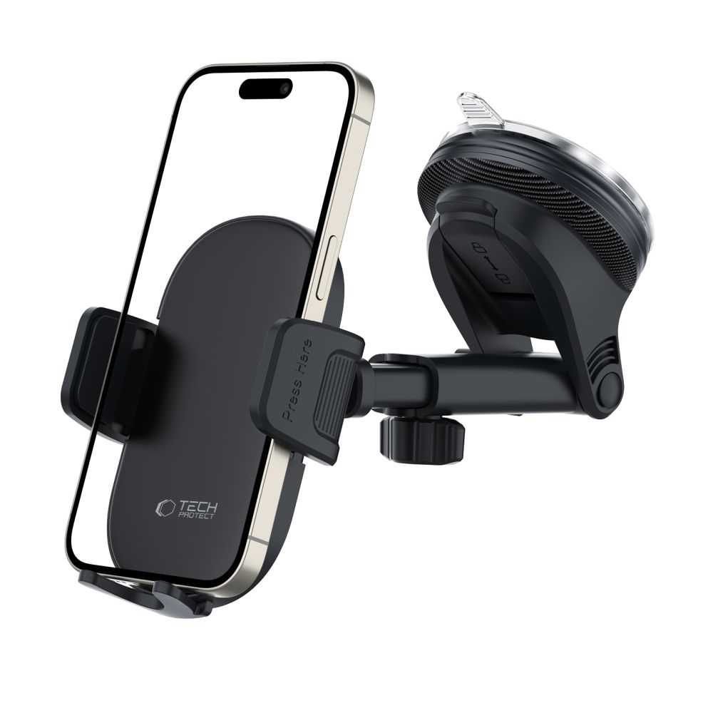 Ein schwarzer Autotelefonhalter mit einem Telefon darin. Der Halter hat einen Saugnapf und ein Gelenk, das Telefon ist weiß mit schwarzer Kamera.