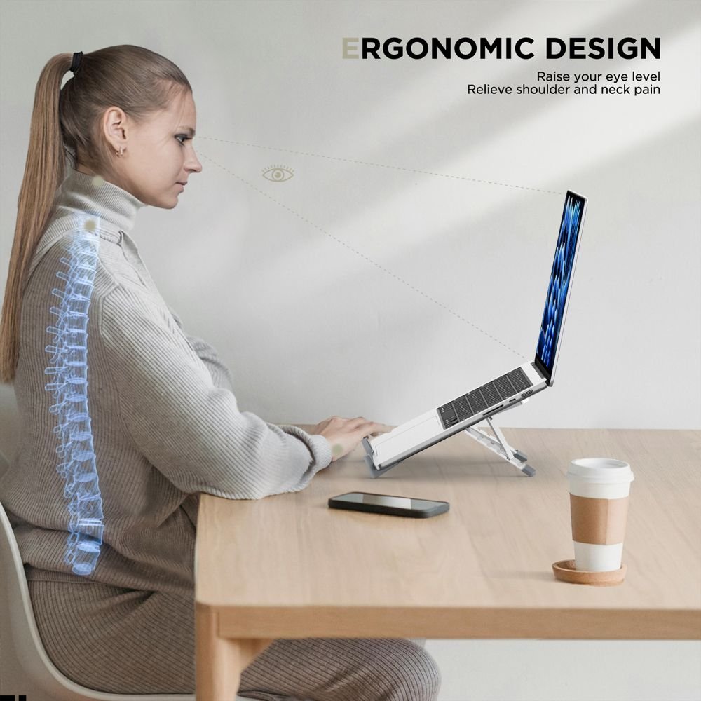 Woman using a laptop on a stand. The image shows an ergonomic design, highlighting posture and eye level with text.