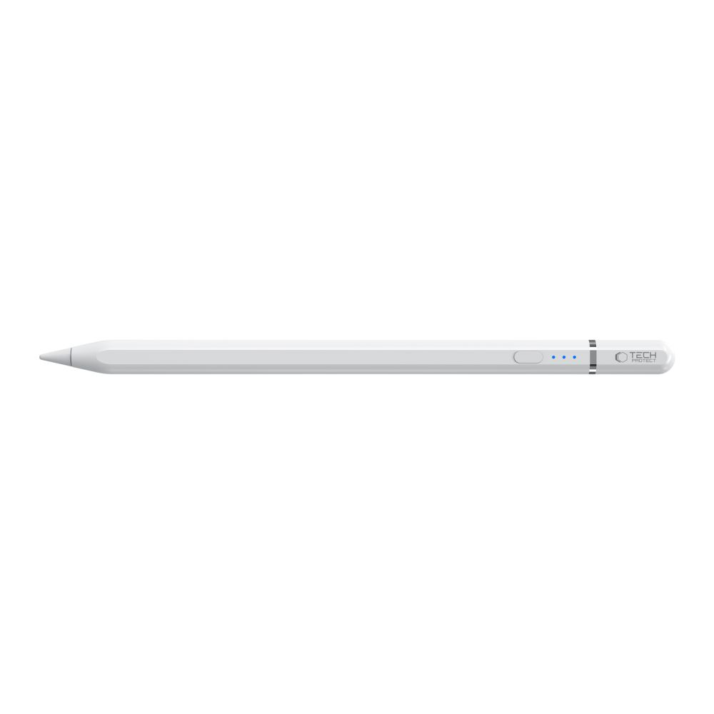 Ein weißer Stift, an einem Ende spitz zulaufend. Er hat eine Betriebsanzeige und ein Logo mit der Aufschrift 'TECH PROTECT'.