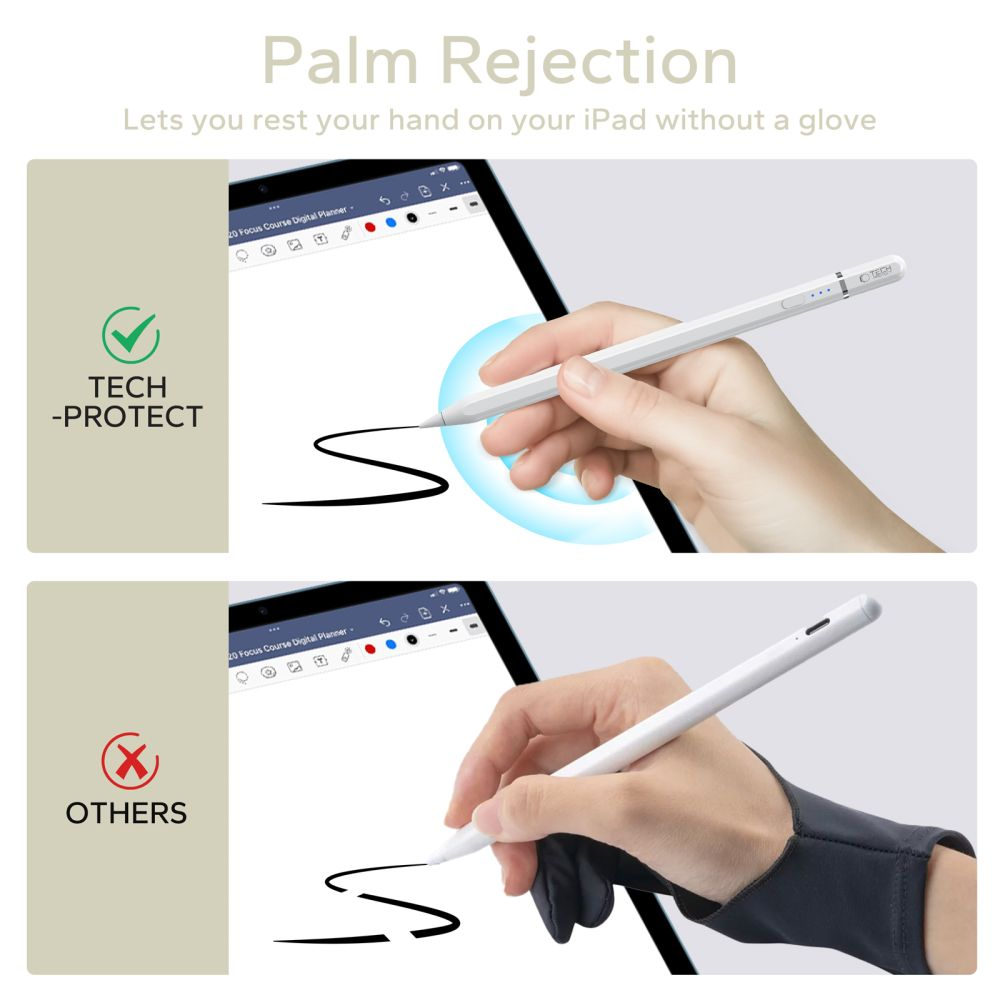 Bild zeigt Handflächenabweisung. Oben: Hand mit Stift auf iPad. Unten: Hand mit Handschuh und Stift auf iPad. Text: TECH-PROTECT und OTHERS.