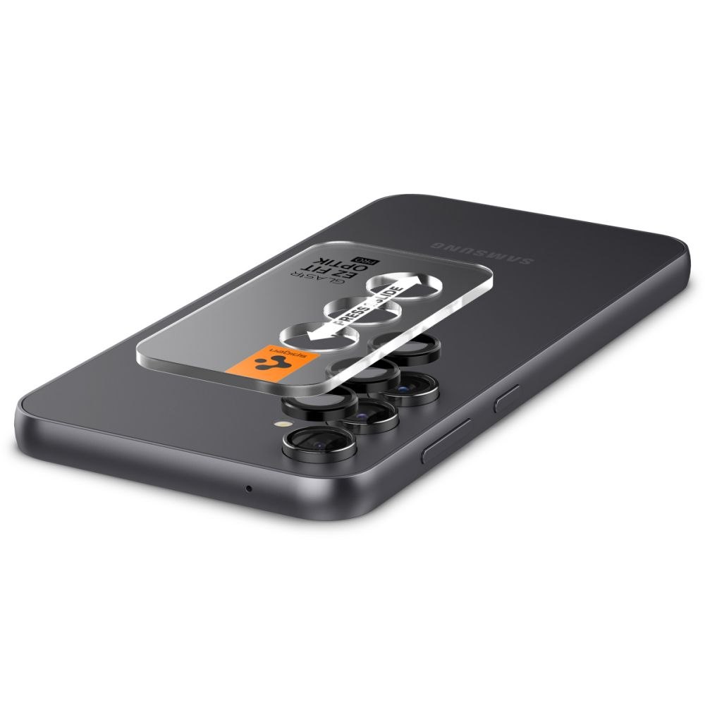 Un téléphone Samsung gris avec un protecteur d'écran sur la caméra. Le protecteur est étiqueté 'Glas.tR EZ Fit Optik Pro'.