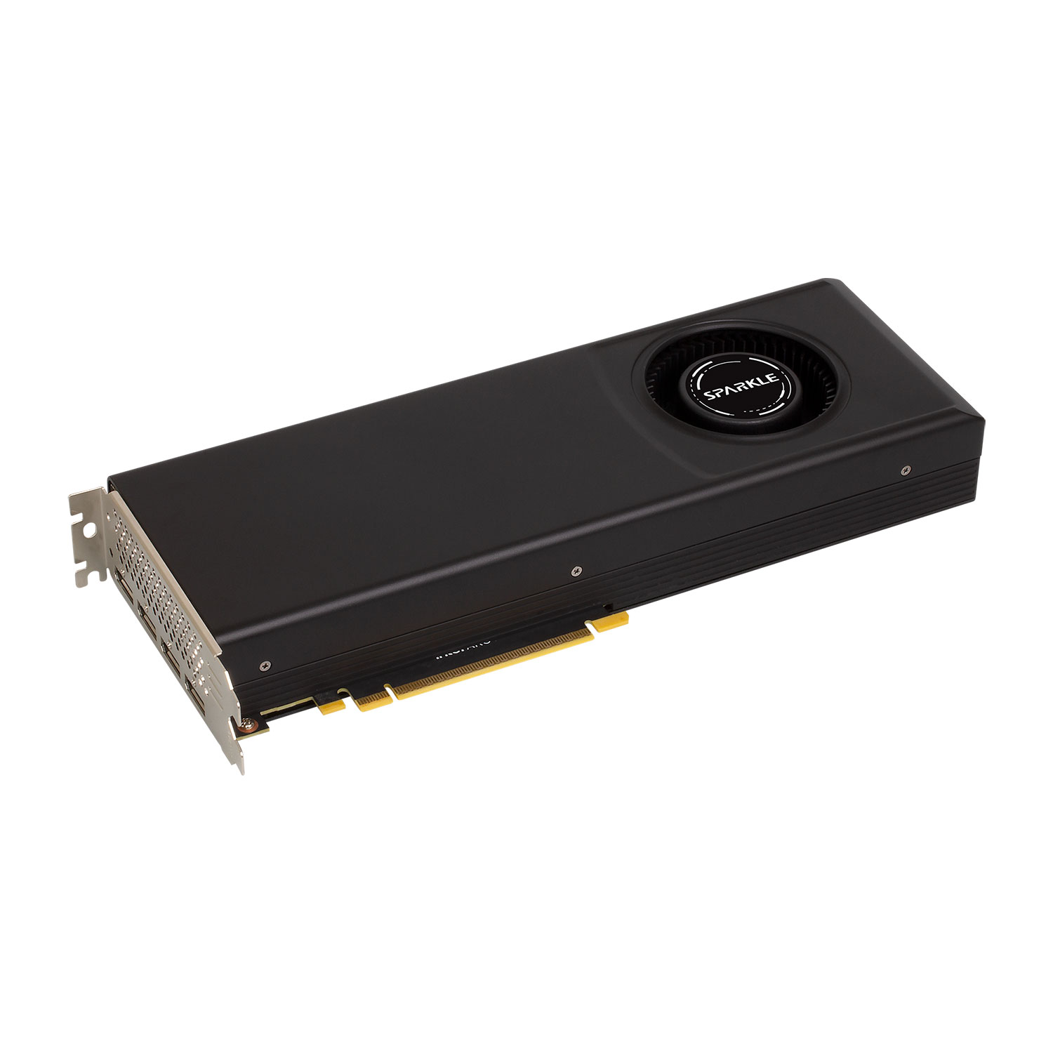 Une carte graphique Sparkle noire sur fond blanc. Elle a un ventilateur au milieu avec le nom de la marque.