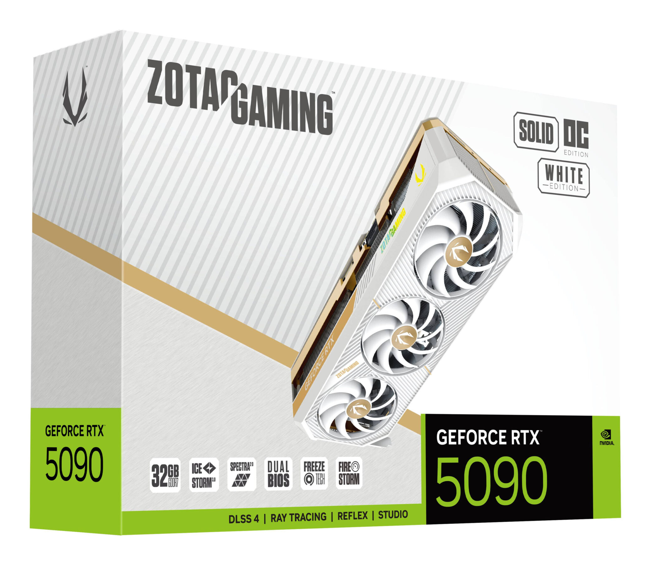 Scatola Zotac Gaming GeForce RTX 5090. GPU bianca con tre ventole. Dettagli dorati. Testo nero e verde.