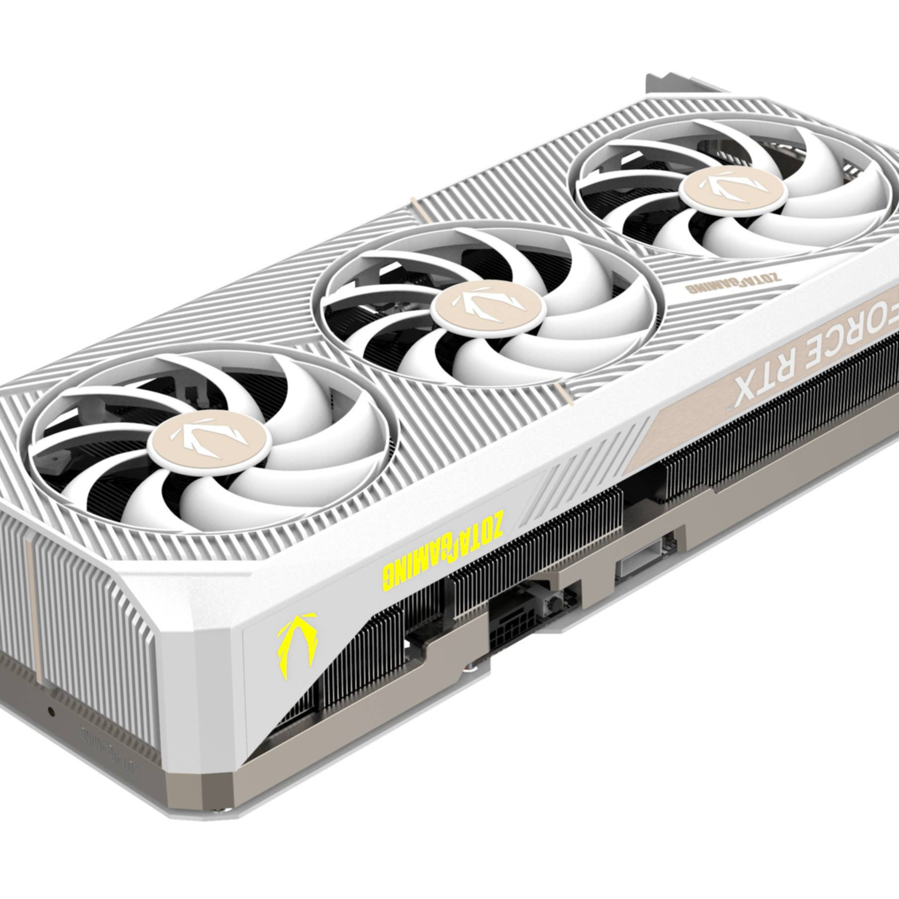 Una scheda grafica ZOTAC RTX bianca e beige con tre ventole. La scheda ha un design moderno e un logo prominente.