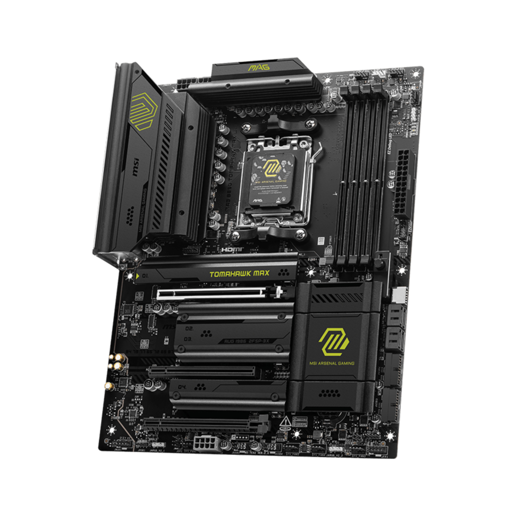 Czarna płyta główna MSI Tomahawk MAX z żółtymi akcentami. Posiada gniazda PCI, radiatory i logo MSI Arsenal Gaming.