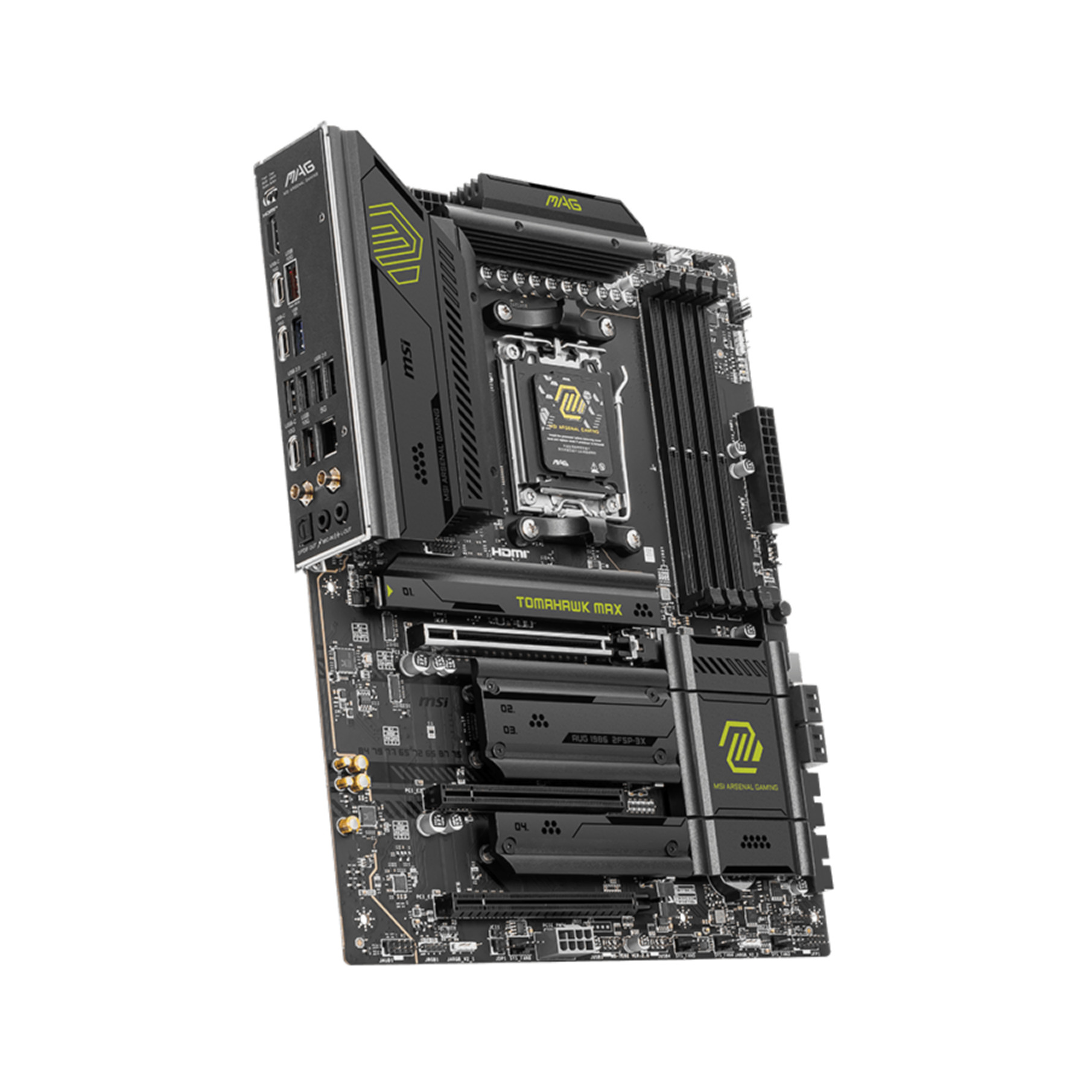 Czarna płyta główna MSI MAG Tomahawk MAX z żółtymi akcentami, komponentami i etykietami na białym tle.