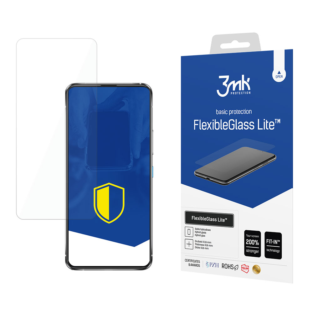 Un proteggi schermo, uno smartphone e una scatola prodotto con marchio e testo, incluso 'FlexibleGlass Lite'.