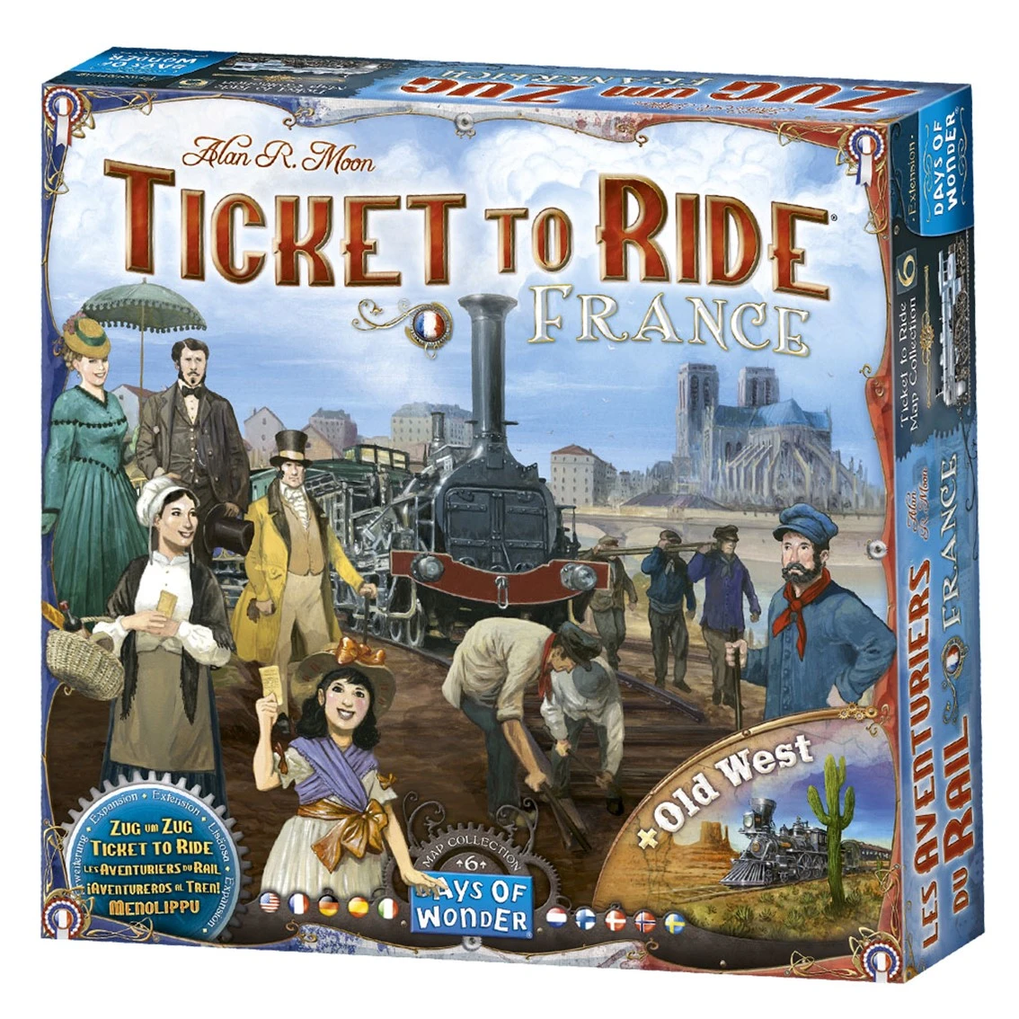 Schachtelkunst für das Brettspiel Ticket to Ride France. Es zeigt eine Dampflok, Menschen in historischer Kleidung und den Eiffelturm.