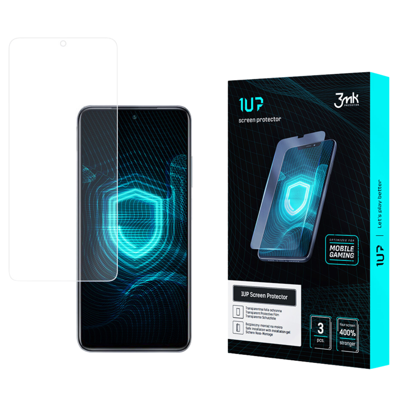 Un telefono con protezione schermo e una confezione del prodotto. La scatola dice 1UP protezione schermo e giochi mobile. Il telefono è nero.