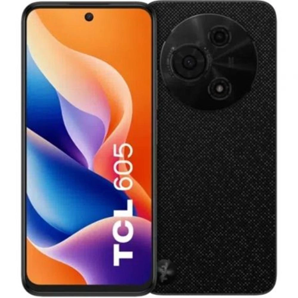 Smartfon z ekranem pokazującym abstrakcyjne pomarańczowe, niebieskie i fioletowe kształty. Tył jest czarny z okrągłym aparatem.