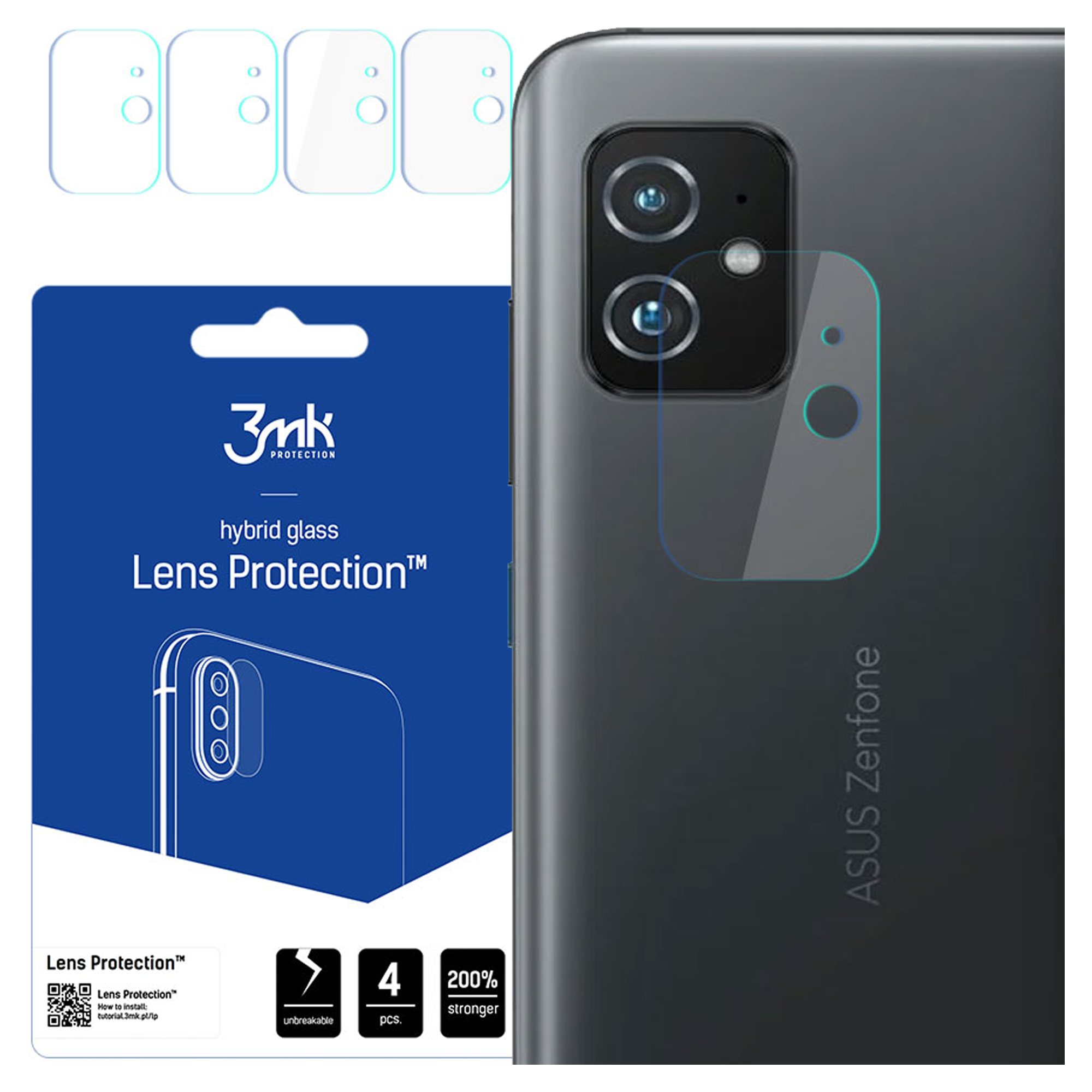 Un kit di protezione dell'obiettivo del telefono con un telefono. Il kit ha un pacchetto blu con informazioni sul prodotto e il telefono è nero.