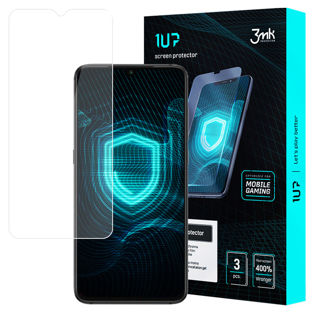 Un proteggi schermo e una scatola. La scatola ha un'immagine del telefono e il testo 'MOBILE GAMING'. Il proteggi schermo è trasparente.
