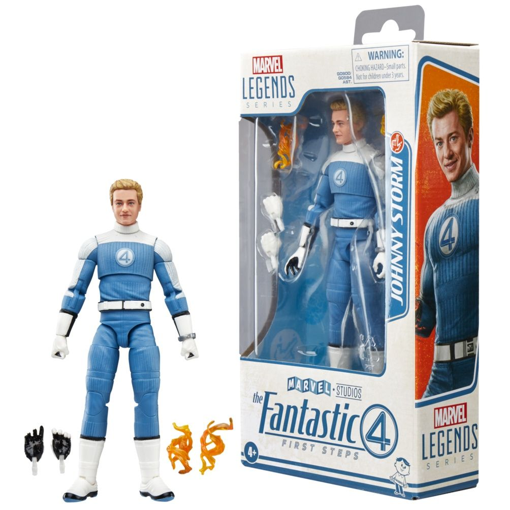 Una figura de acción de Johnny Storm de los 4 Fantásticos, con traje azul, de pie junto a su caja, que también muestra la figura.