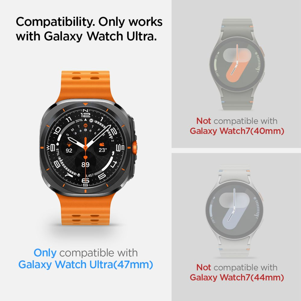 Obraz przedstawia czarny i pomarańczowy smartwatch. Tekst wskazuje na kompatybilność z Galaxy Watch Ultra, a nie z modelami Watch7.