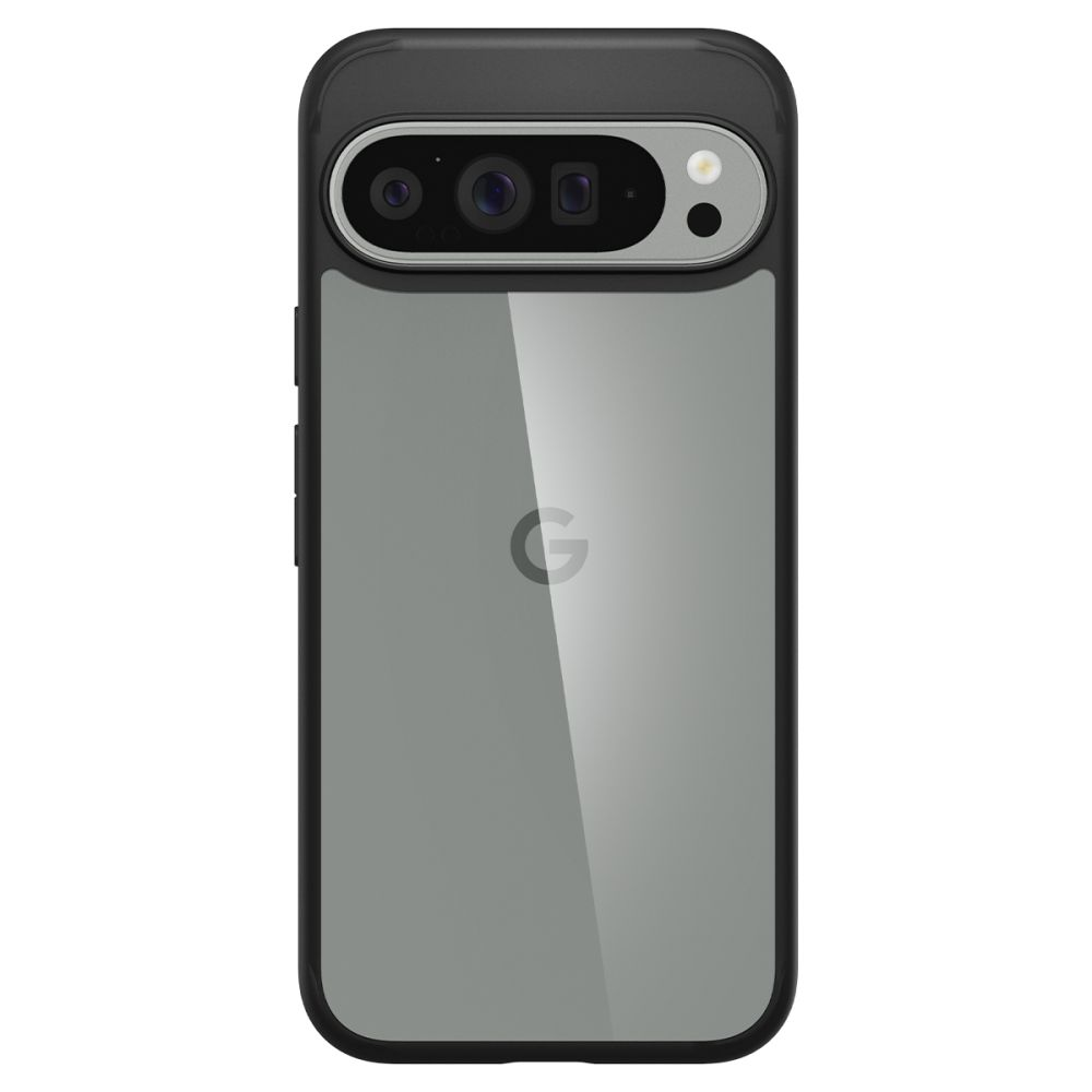 Een telefoonhoesje met een zwarte bovenkant. De achterkant is grijs met een 'G'-logo. Het camera gebied is prominent.