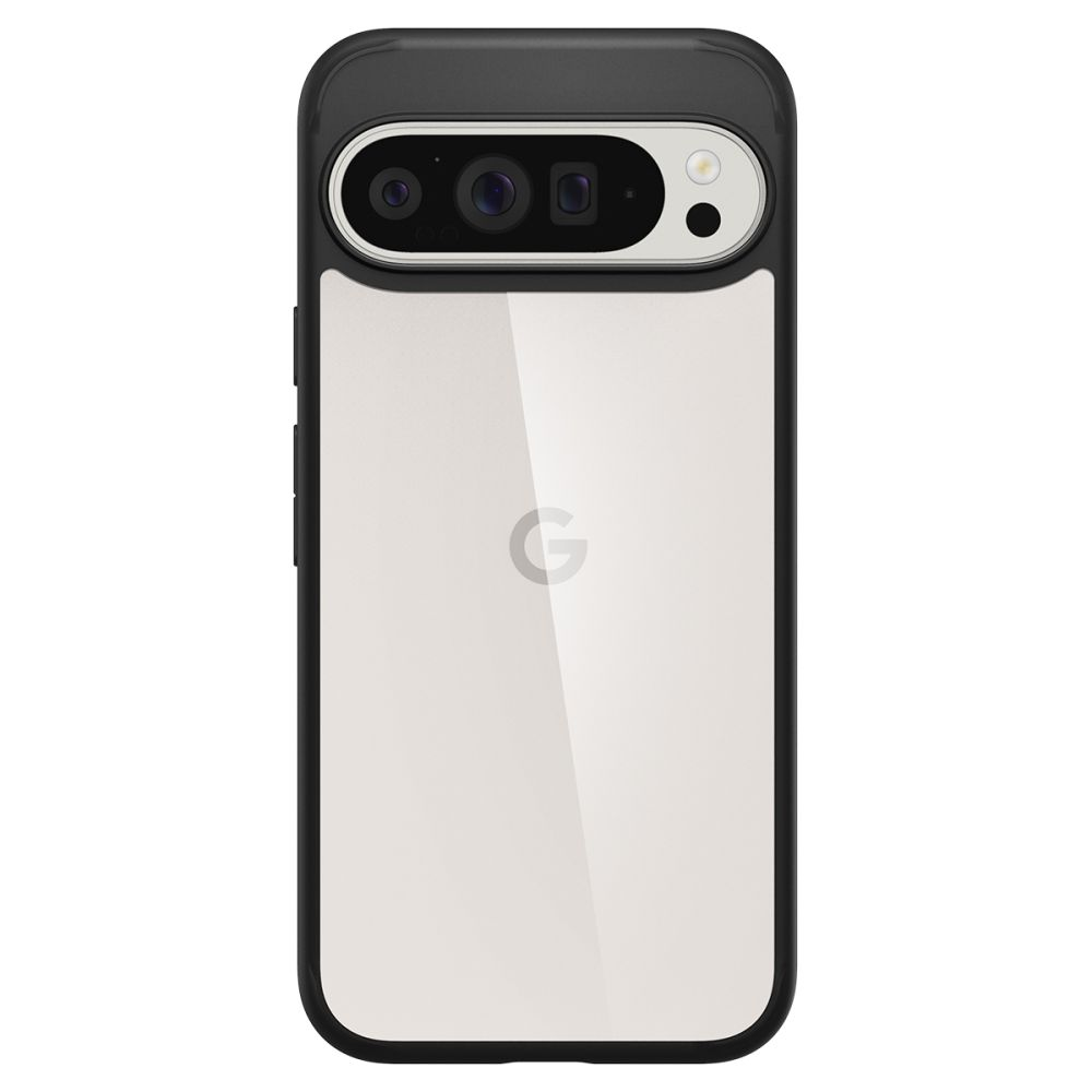 Een smartphone in een zwarte hoes. Het heeft een transparante achterkant met een 'G'-logo en een camera aan de bovenkant.
