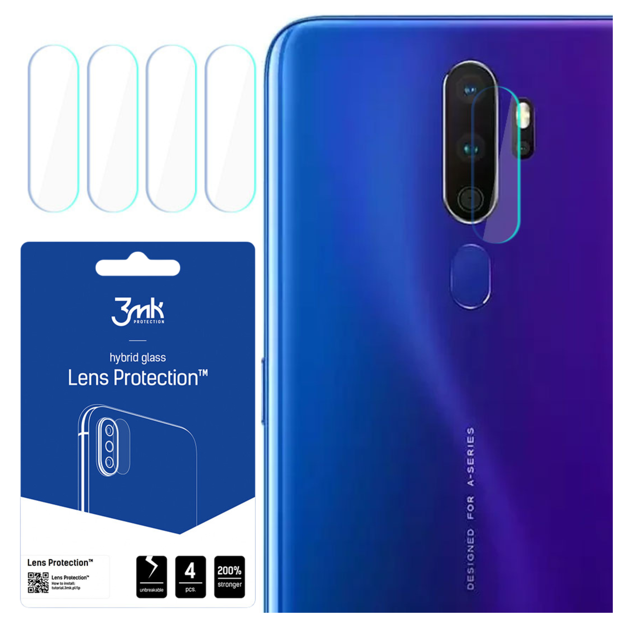Un telefono e protezioni per lenti. Il telefono è blu. La confezione del protettore è bianca e blu.