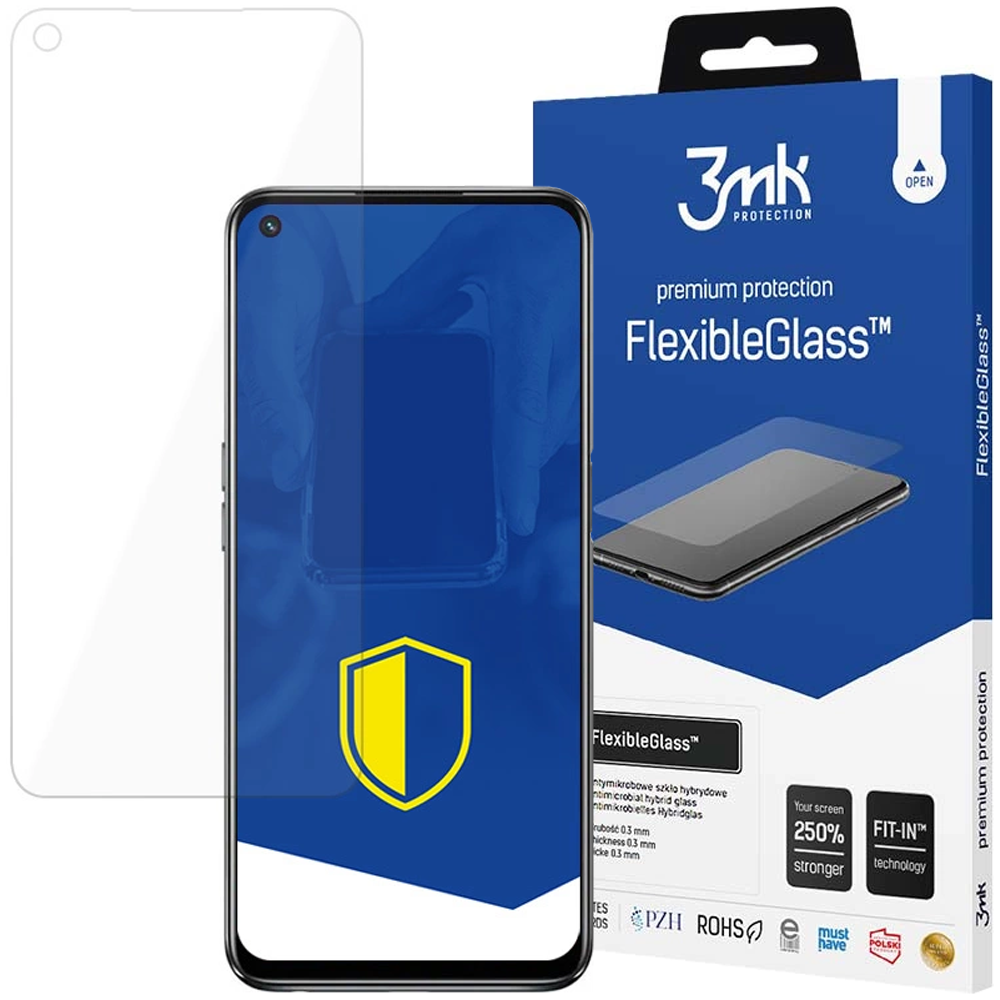 Uno smartphone con protezione schermo, scatola di FlexibleGlass e una pellicola protettiva, su sfondo bianco.