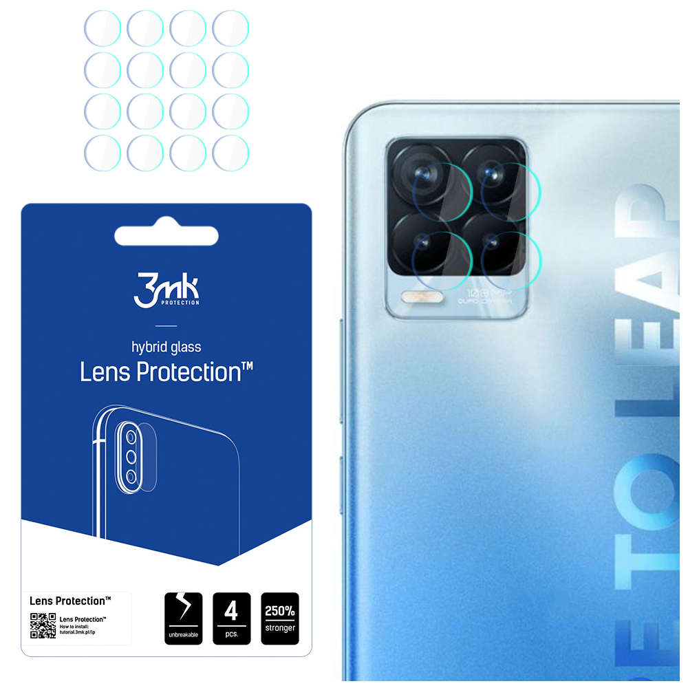 Un teléfono y protectores de lentes. El teléfono tiene una protuberancia de la cámara con protectores aplicados. También se ve un paquete de protectores de lentes.