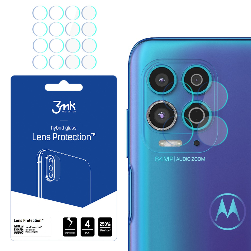 Retro di un telefono con lenti della fotocamera. Protezione lente a sinistra. Testo: Lens Protection. 64MP Audio Zoom.