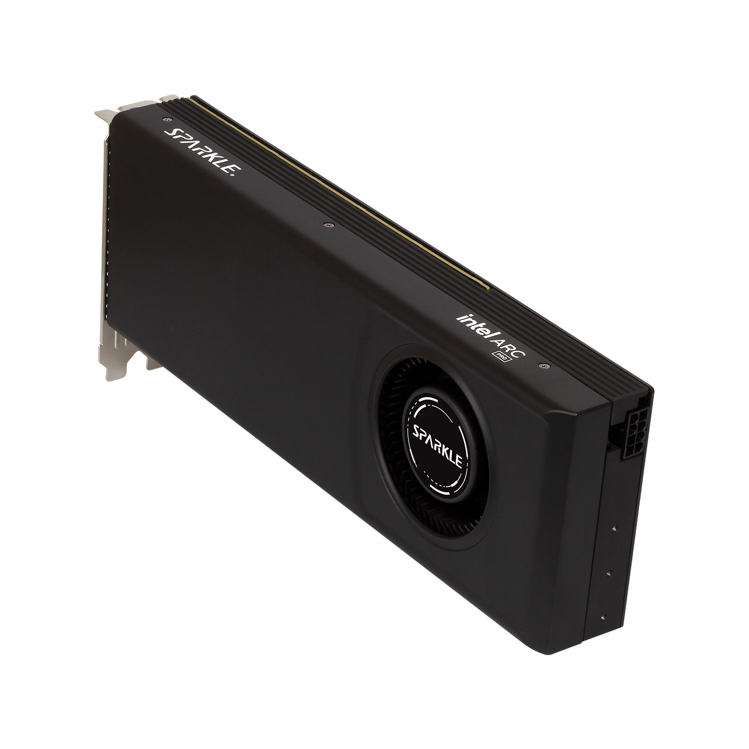 Une carte graphique noire Intel Arc Pro, vue en angle, avec le logo Sparkle sur un ventilateur circulaire. Fond blanc.