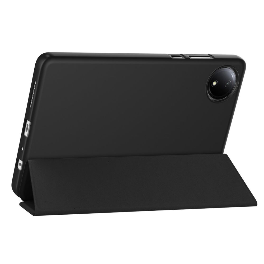 Schwarze Tablethülle in einem Ständer. Die Rückseite des Tablets hat eine Kamera und einen Ein-/Ausschalter. Die Hülle ist gefaltet.