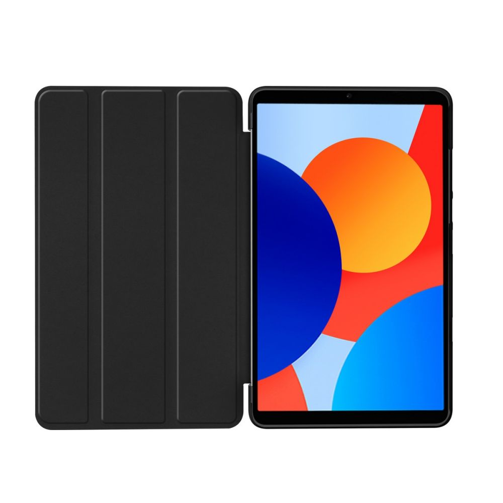 Ein Tablet mit geöffneter schwarzer Hülle. Der Bildschirm zeigt abstrakte Formen in Blau, Orange und Rot auf weißem Grund.