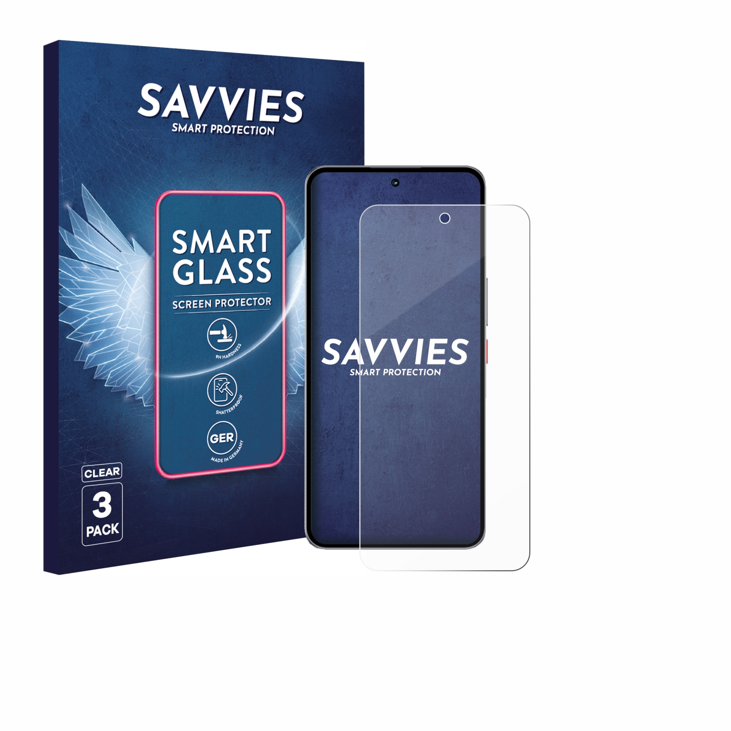Verpackung eines Displayschutzfolie mit Telefon und Schutzfolie. Auf der Box steht 'SAVVIES SMART PROTECTION SMART GLASS'.